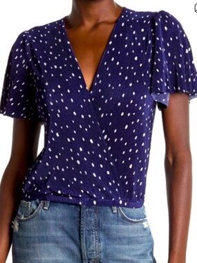 Astr Navy Blue White Polka Dot V-Neck Flutter Sleeve Top